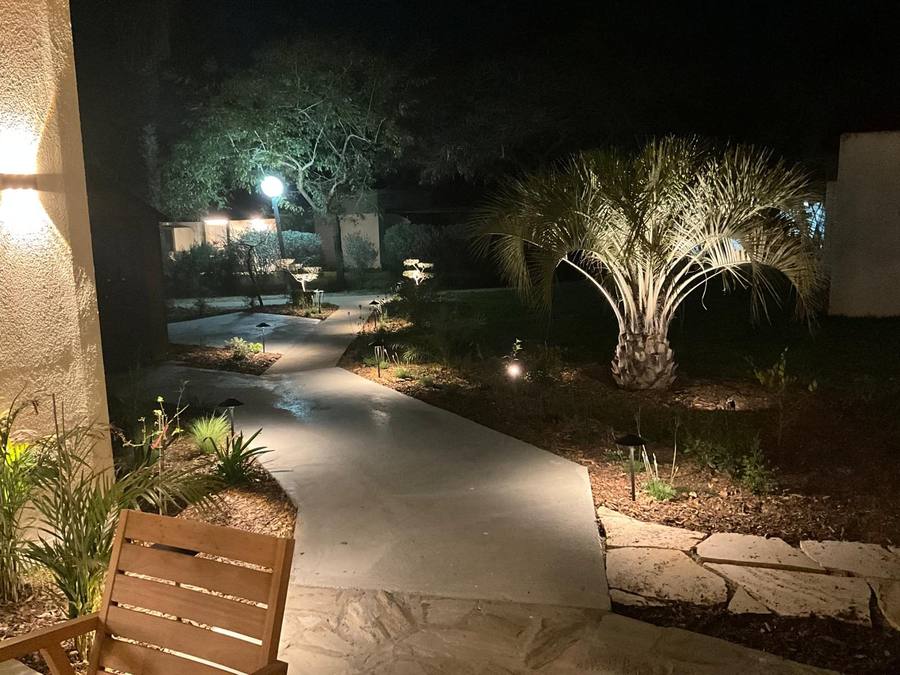 תאורת גינה ומערכות תשתית — שביל מואר עם תאורת נתיב ודקל